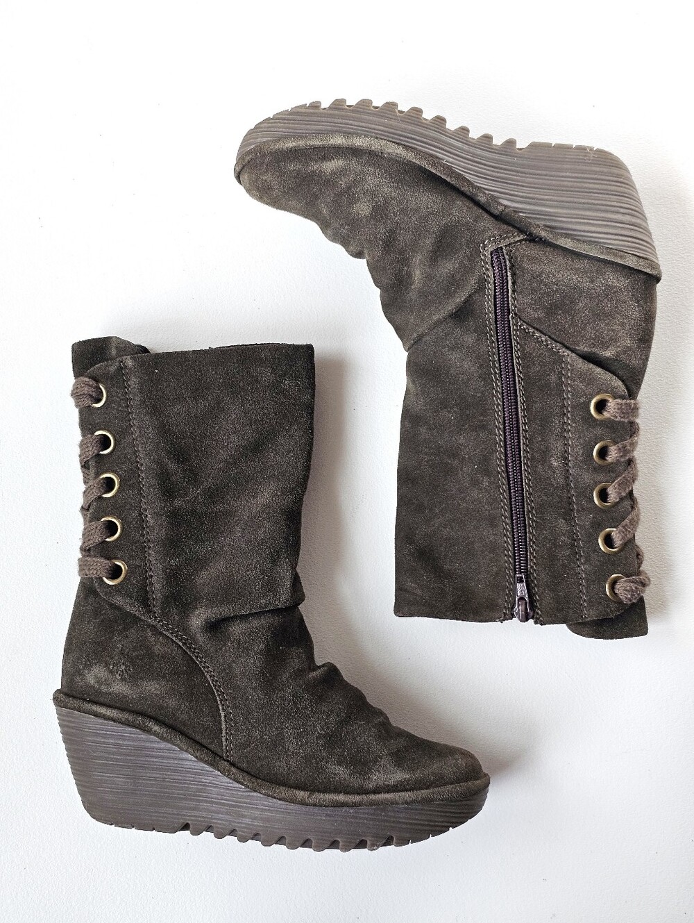 Fly London Yada Suede Wedge Ankle Boots Brown EU 36 Lace Up Side Zip